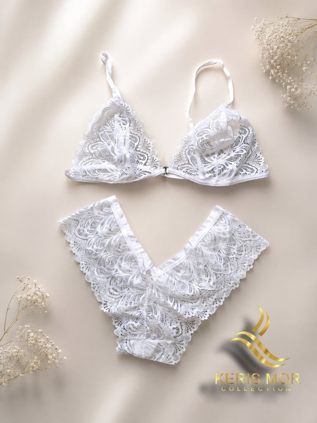 White Lace Set — Floral Bra & Ruffle Panty | KERIS MOR